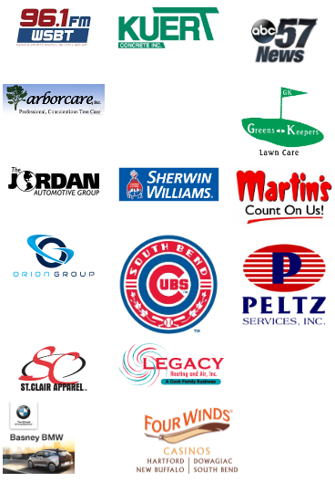 961 fm, Kuert, abc57 News, arborcare, Greens Keepers, Jordan Automotive Group, Sherwin Williams, Martin's, Orion Group. South Bend Cups. Peltz Services, inc.   
